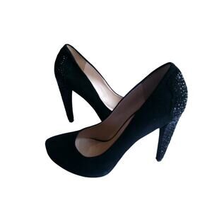 Nine West Mindoldfeet Black Suede Crystal Platform Pumps Heels Size 8M